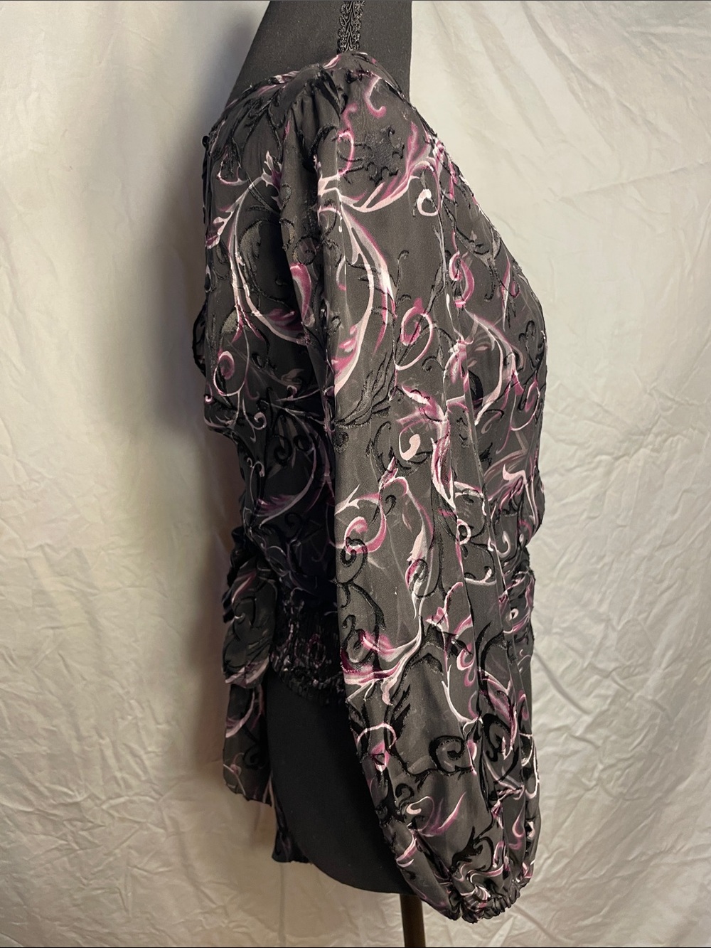 White House Black Market Black Sheer Blouse with Pink Scroll Print - Picture 6 of 12